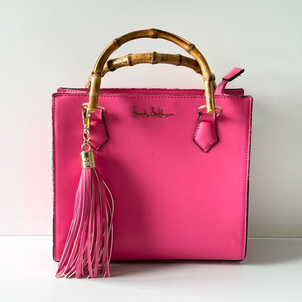 Nicole Miller Hot Pink Handbag with Bamboo Handles & Tassel